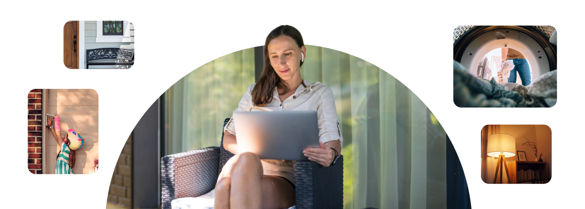 Woman working relaxed at laptop while doing tasks around the home