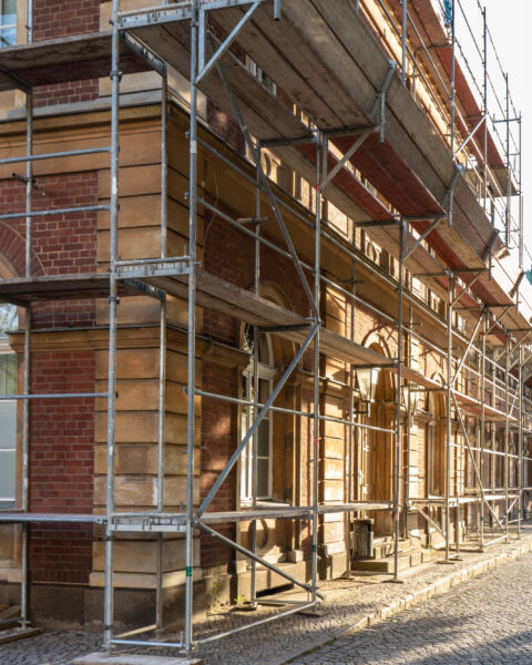 Construction scaffolding of a building under renovation.