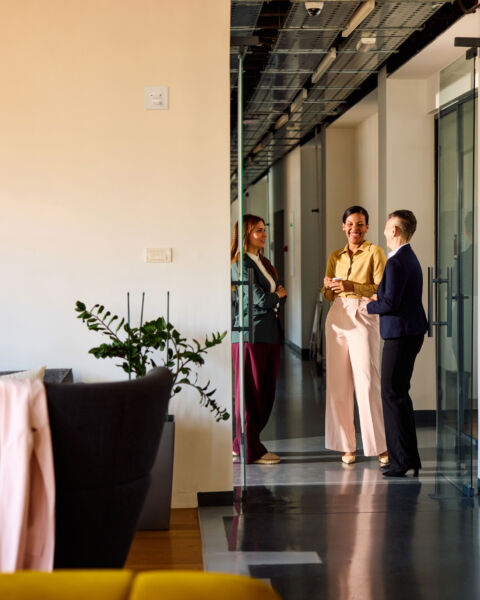 Two employees talking in an office