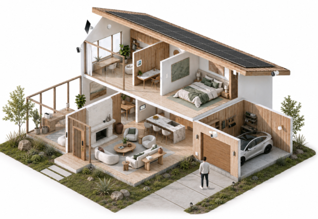 Cutaway illustration of a two-story home with cameras, sensors, and connected devices throughout the interior and exterior